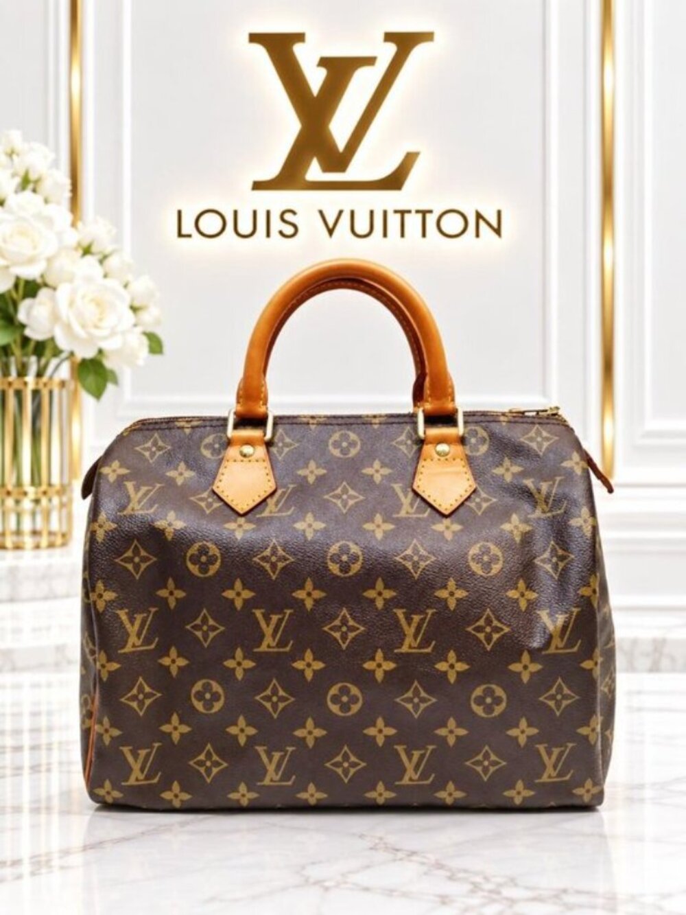 Authentic Louis Vuitton Speedy 30 Monogram Canvas Brown Vintage Top Handle Bag